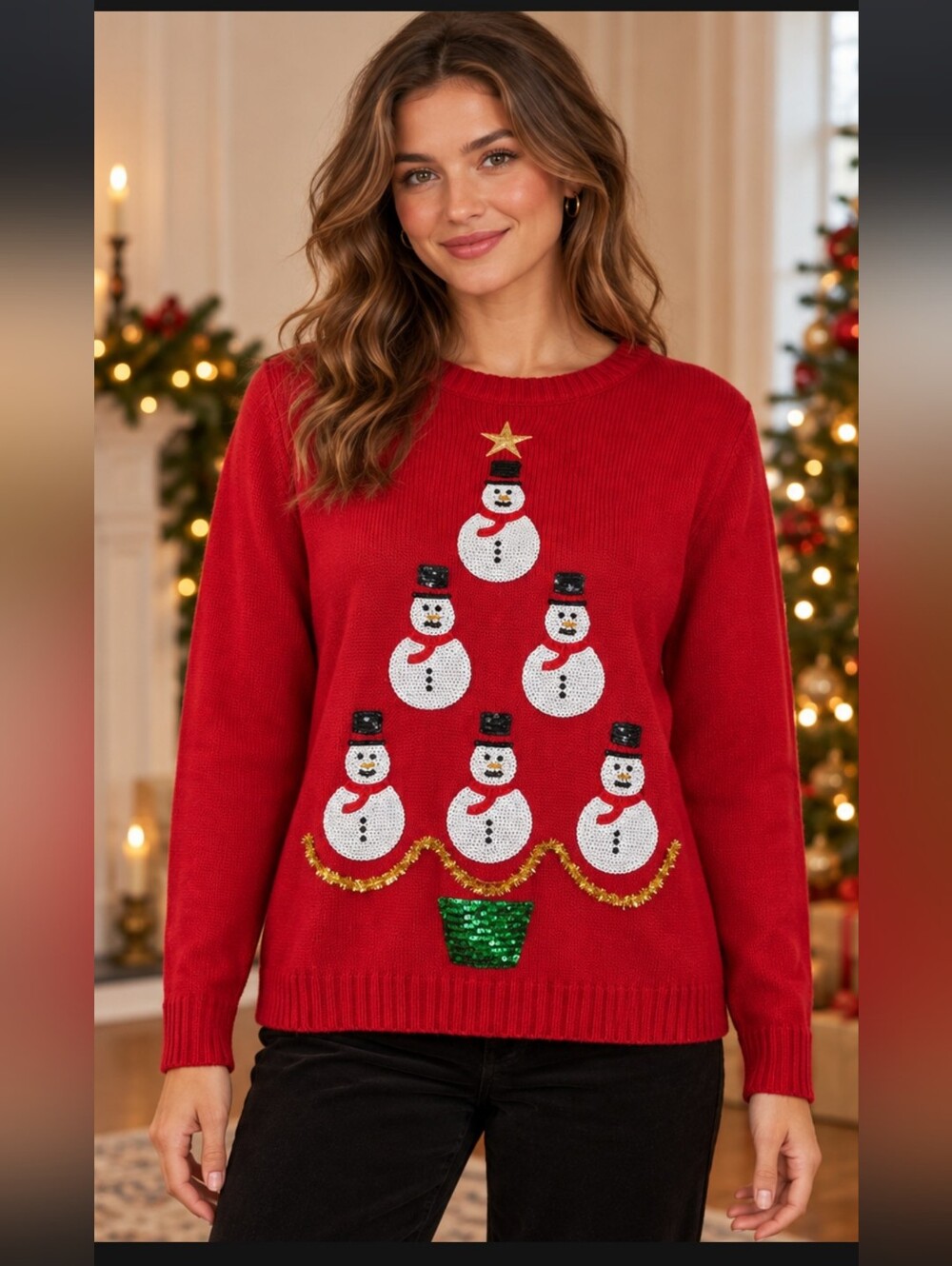 Karen Scott Red Sequin Snowman Christmas Sweater Petite Large